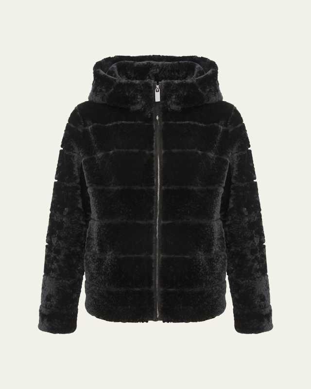 Horizontal Curly Shearling Lamb Zip Hooded Jacket