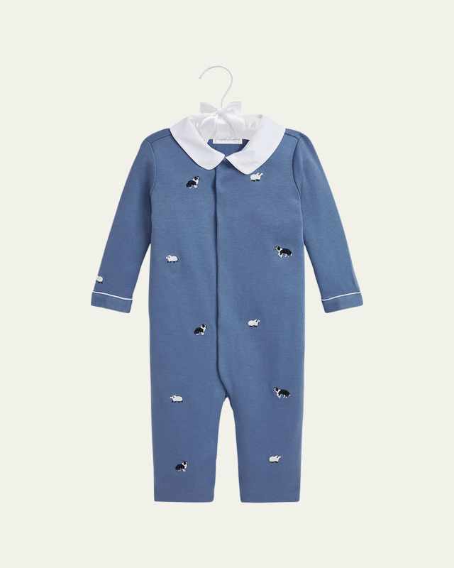 Boy's Embroidered Collared Coverall, Size Newborn-9M