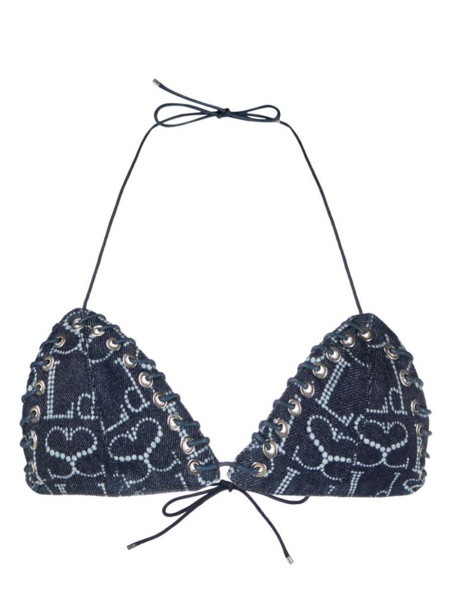 logo-print denim bikini top