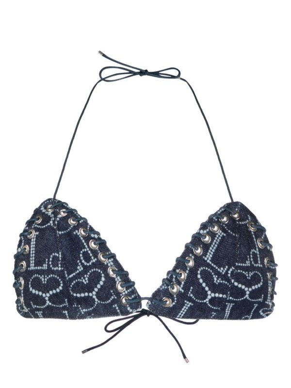 logo-print denim bikini top