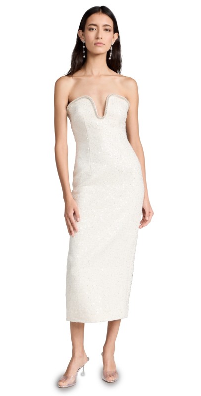 Self Portrait Cream Sequin Boucle Midi Dress Cream