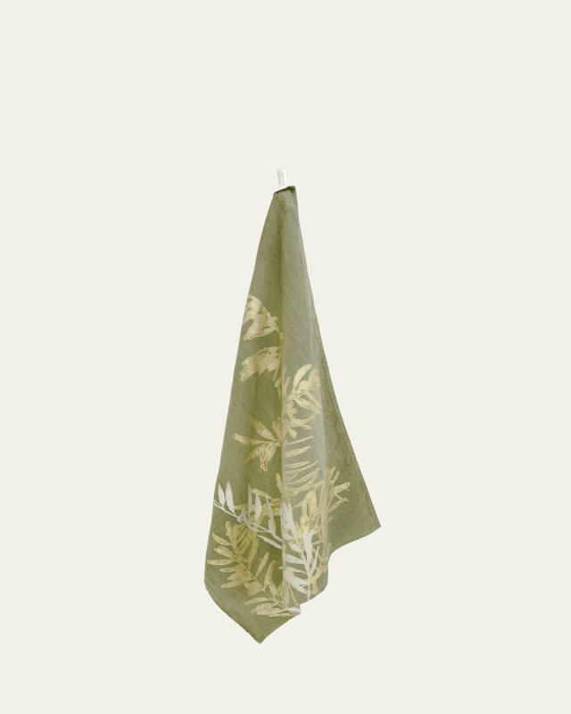 Leccino on Green Painted Linen Tea Towel