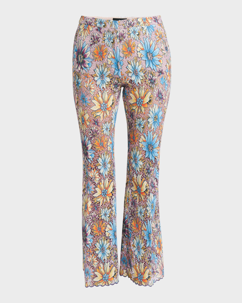 Mid-Rise Floral Embroidered Lace Flare Ankle Pants
