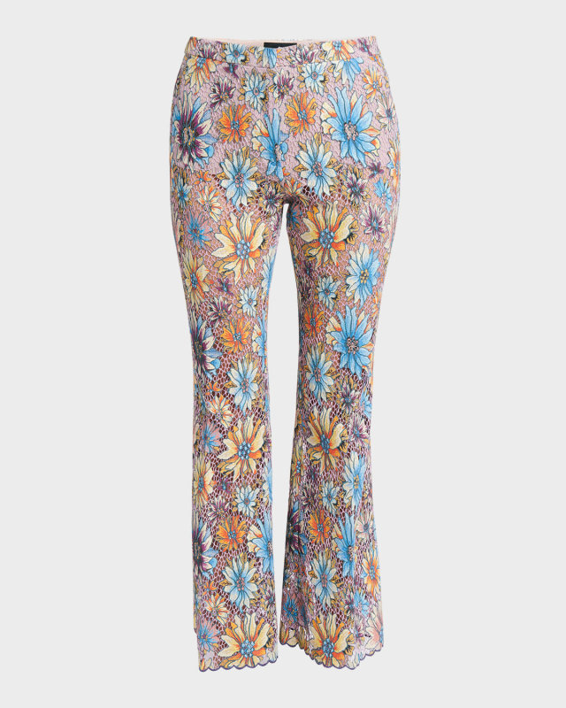 Mid-Rise Floral Embroidered Lace Flare Ankle Pants