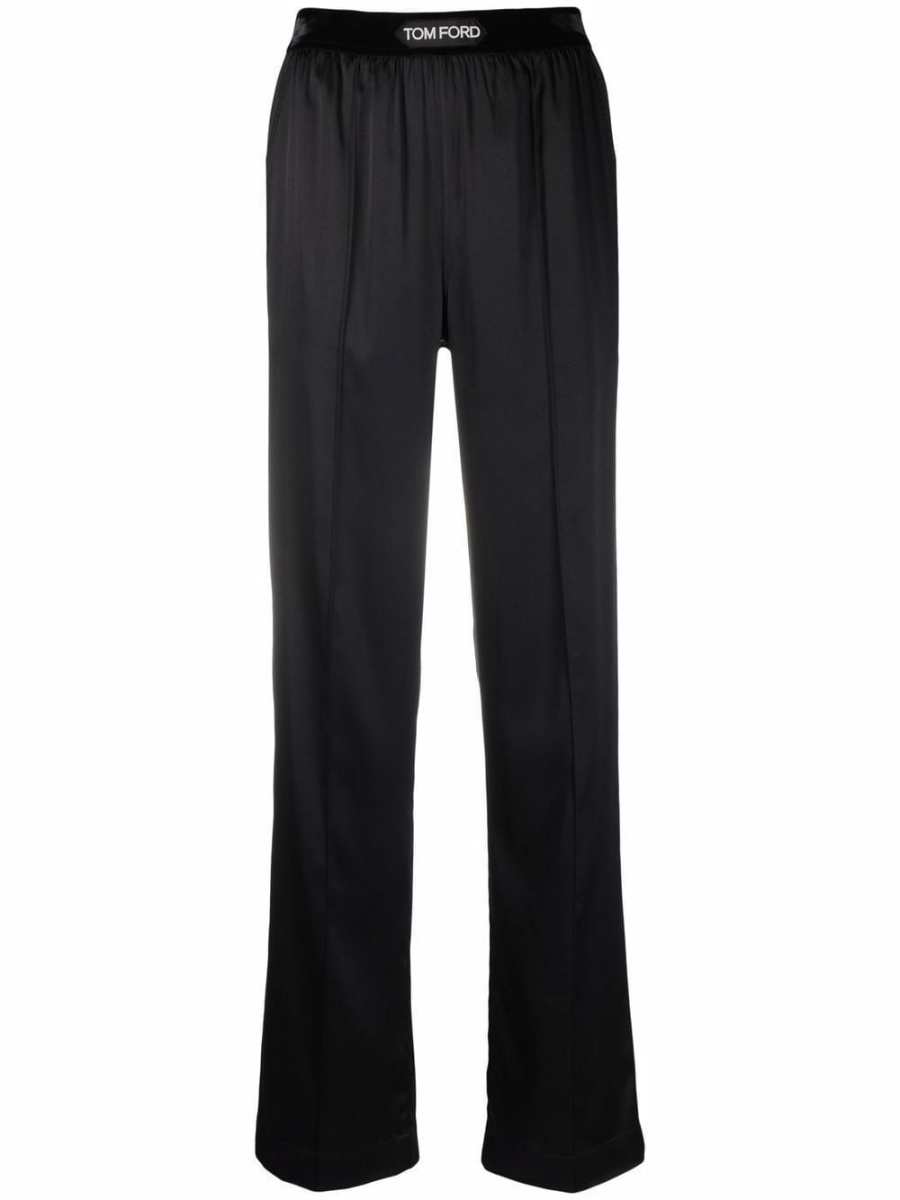 high-waisted straight-leg silk trousers