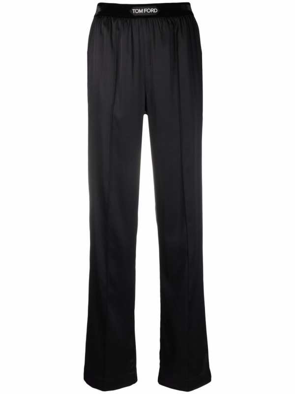 high-waisted straight-leg silk trousers