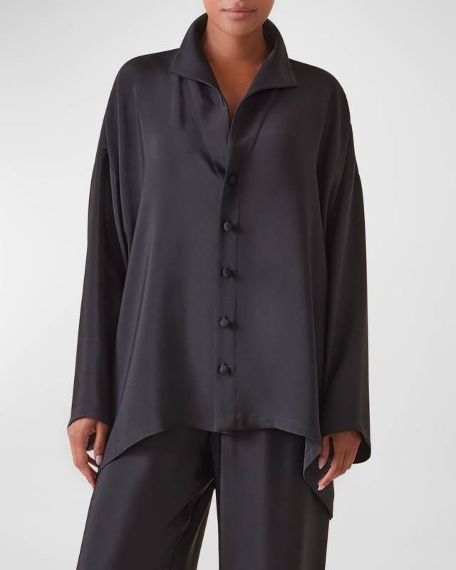 Wide A-Line Shirt with Open Standup Collar (Mid Plus Length)