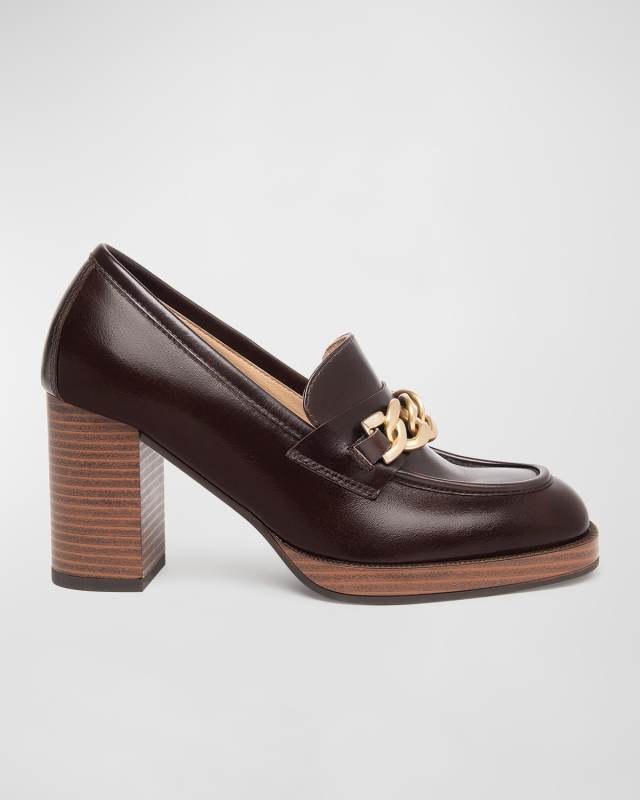 Leather Chain Heeled Loafers