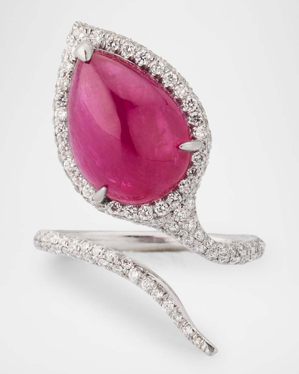 18K White Gold Ruby Cabochon and Diamond Snake Statement Ring, Size