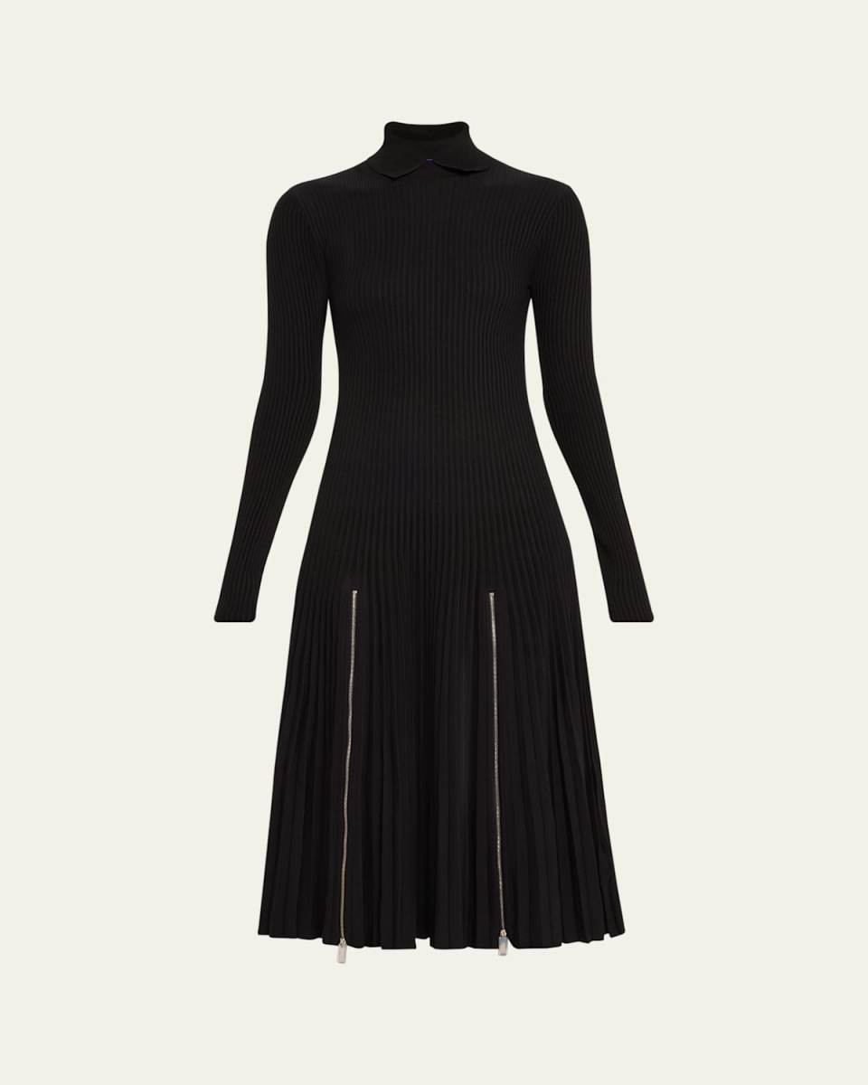 Turtleneck Pleated Rib Zipper Midi Dress