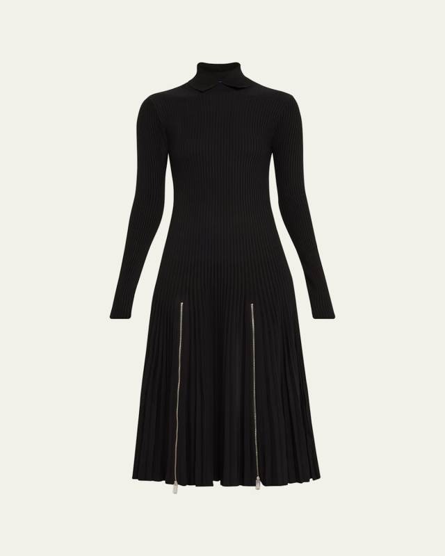 Turtleneck Pleated Rib Zipper Midi Dress
