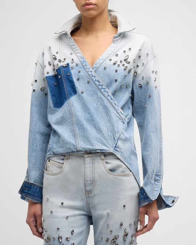 Hart Crystal Embellished Gradient Wash Denim Wrap Shirt