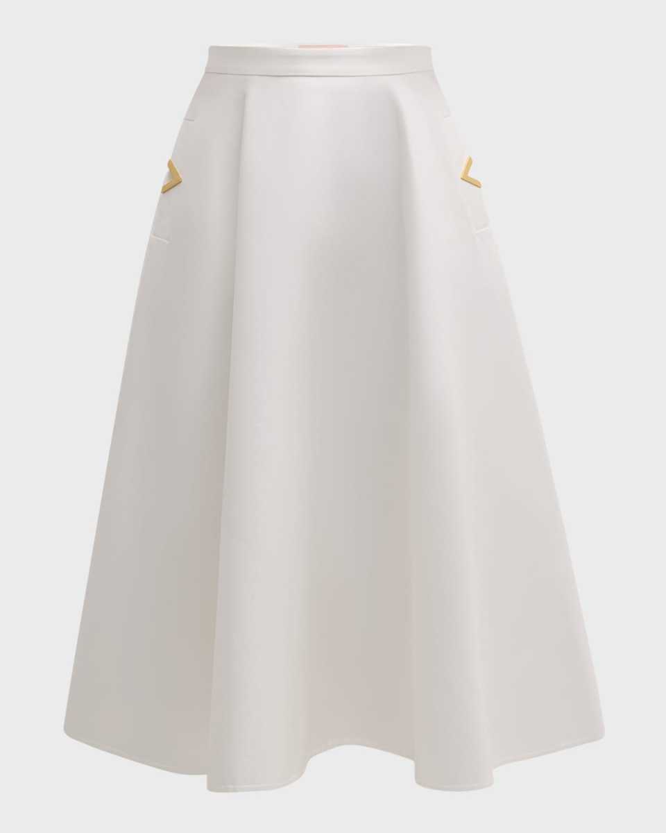 V-Logo Pockets Splittable Gabardine Midi Skirt