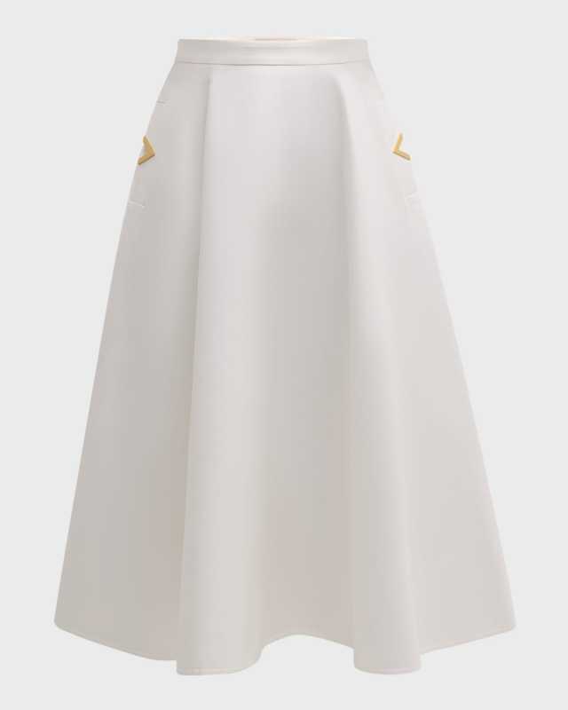 V-Logo Pockets Splittable Gabardine Midi Skirt