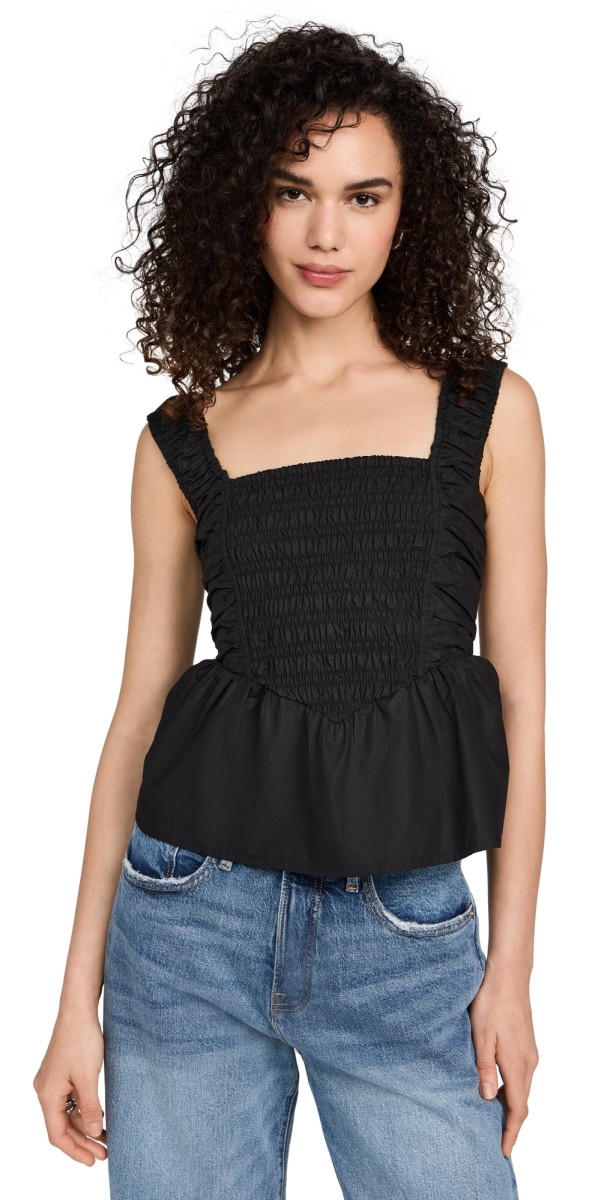 GANNI Cotton Poplin Smock Strap Blouse Black