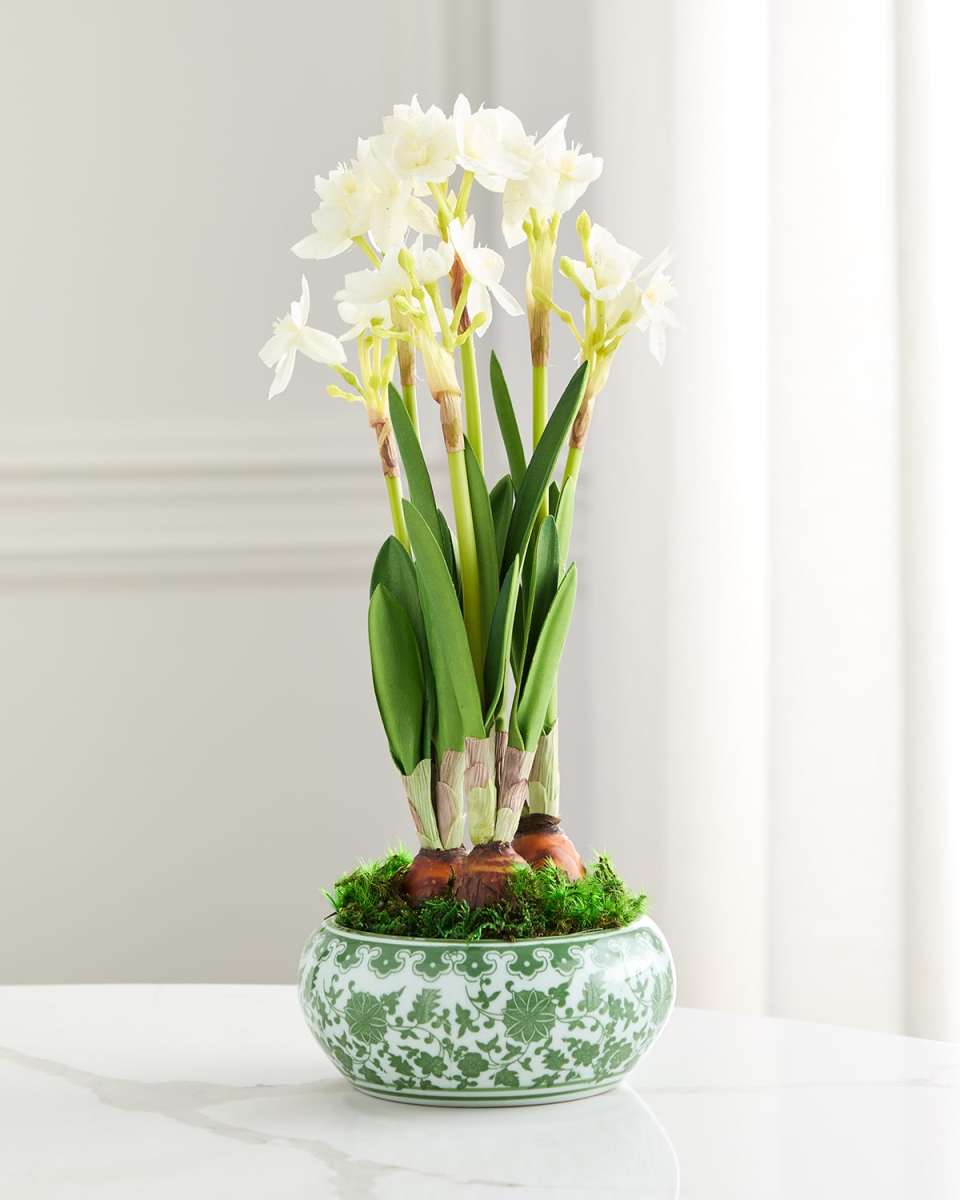 Christmas Paperwhite Narcissus 13" Faux Floral Arrangement in Ceramic Bowl