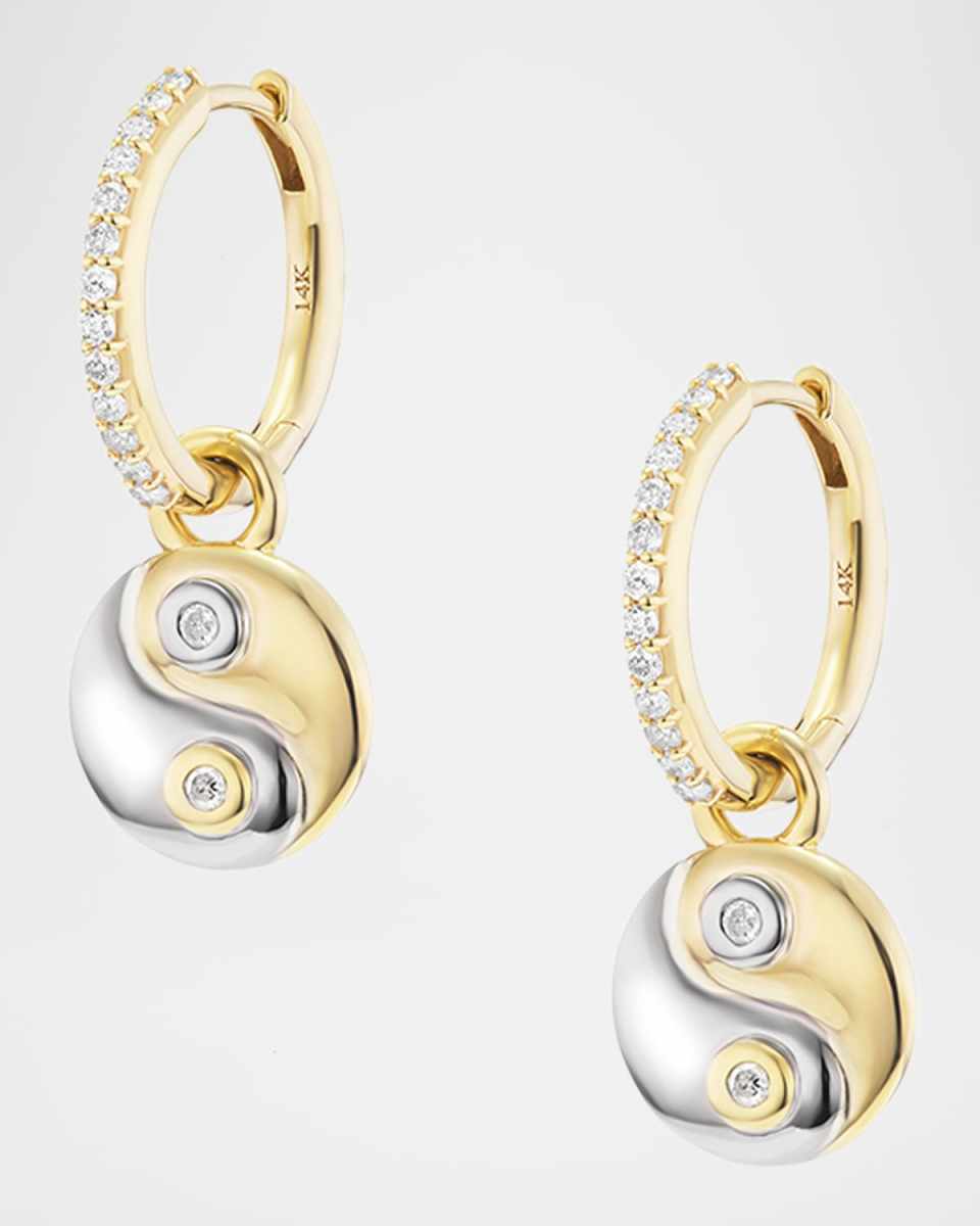 Two Tone Yin Yang Charm with Diamond Bezels on Pave Huggie Hoop Earrings