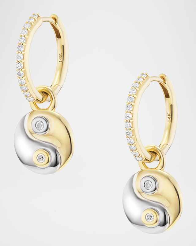 Two Tone Yin Yang Charm with Diamond Bezels on Pave Huggie Hoop Earrings