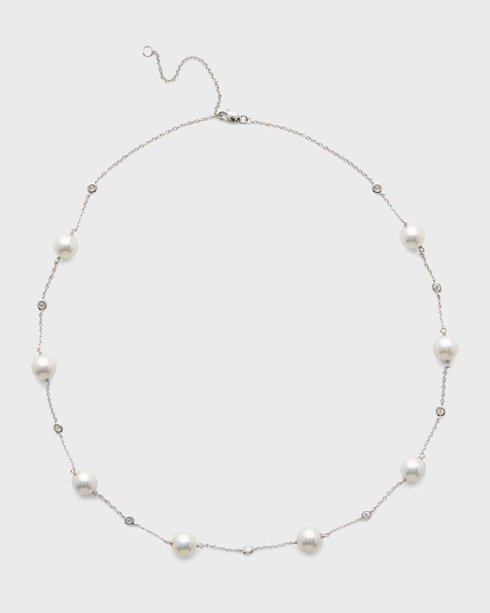 18K White Gold 8.5mm White Akoya Pearl and Diamond Necklace, 18"L