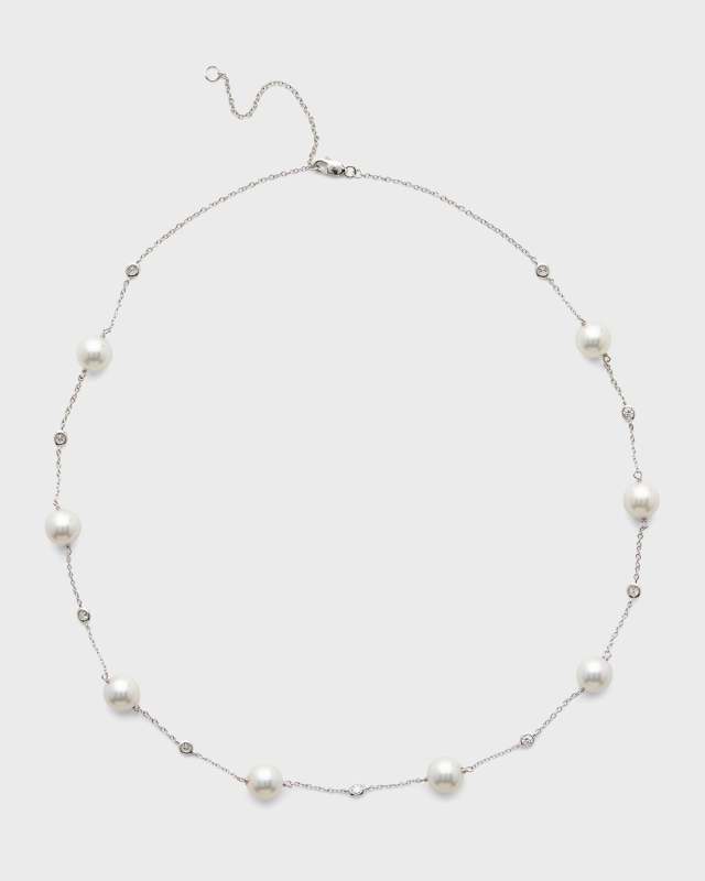 18K White Gold 8.5mm White Akoya Pearl and Diamond Necklace, 18"L