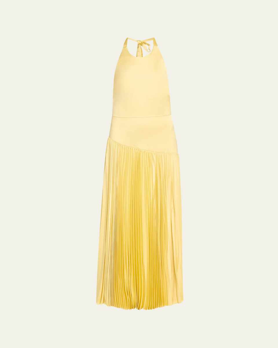Saab Pleated Satin Backless Halter Dress