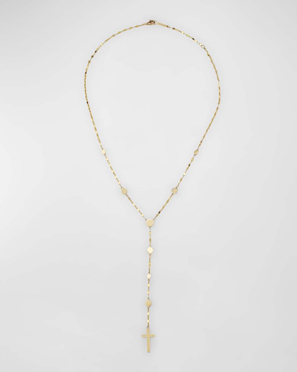 14K Yellow Gold Disc Chain Lariat Crossary Necklace, 18"