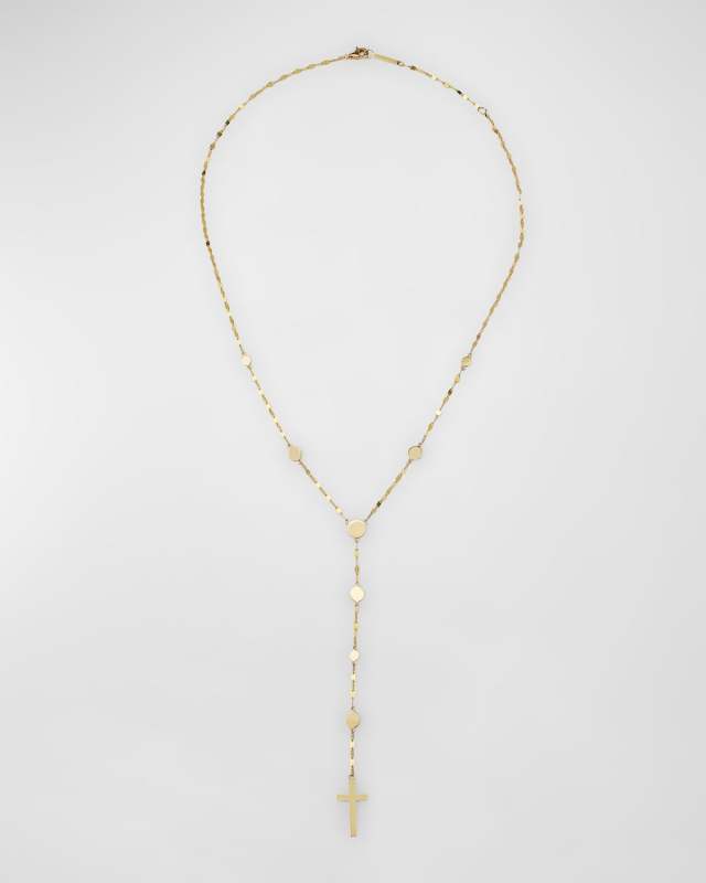 14K Yellow Gold Disc Chain Lariat Crossary Necklace, 18"