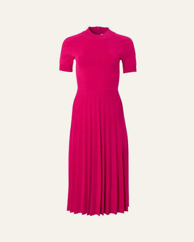 Mock Neck Pleated Knit Midi Dress