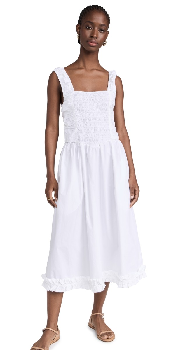 GANNI Cotton Poplin Midi Strap Smock Dress Bright White
