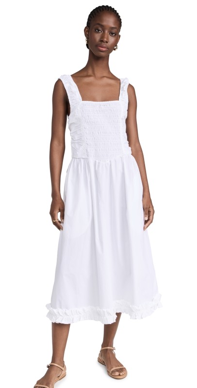 GANNI Cotton Poplin Midi Strap Smock Dress Bright White