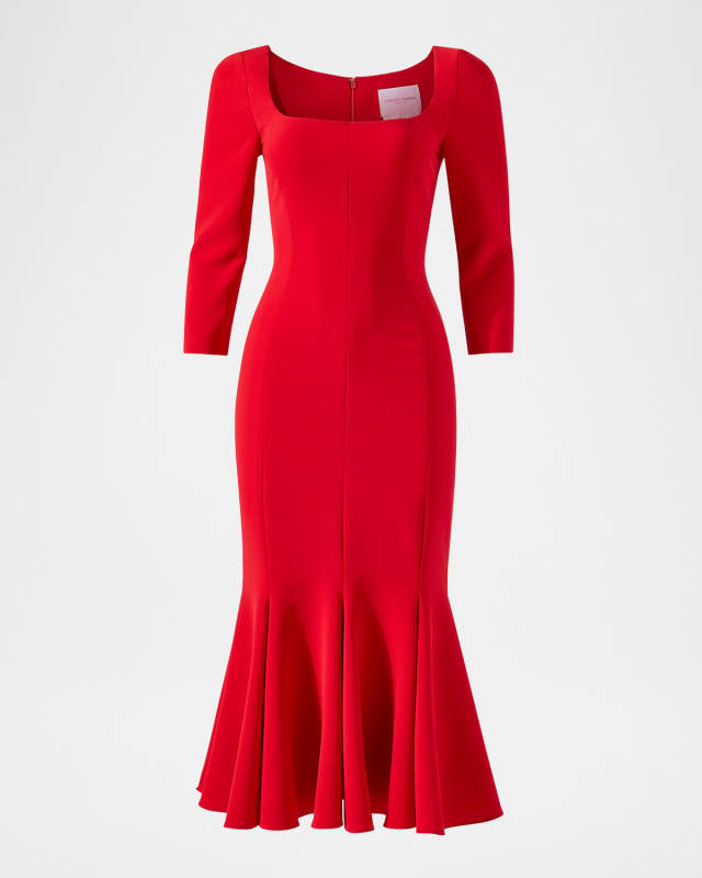 Square-Neck 3/4-Sleeve Midi Trumpet Dress