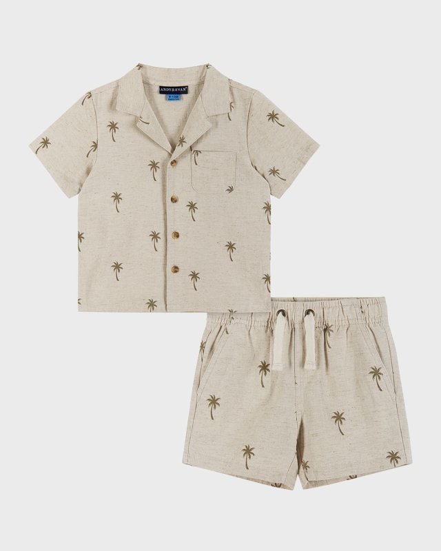 Boy's Palm Tree-Print Two-Piece Linen Set, Size Newborn-24