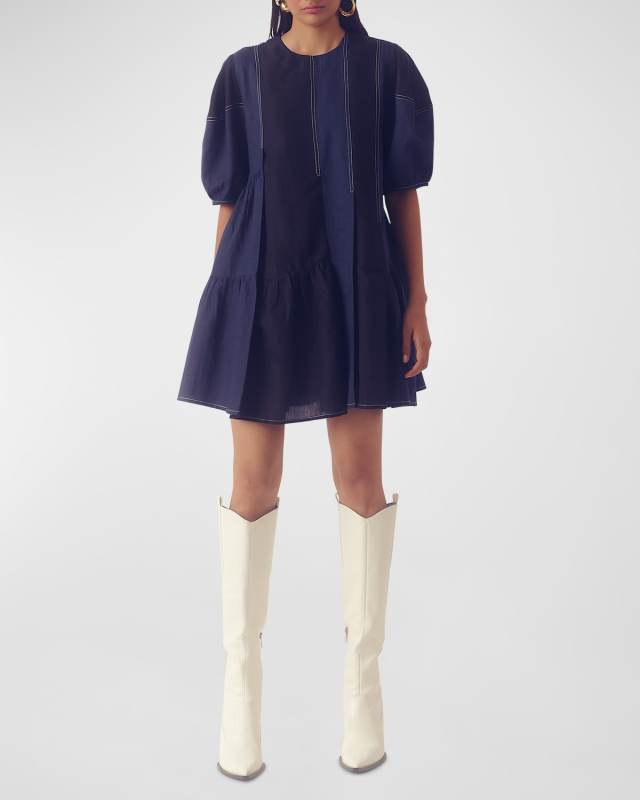 Puff-Sleeve Trapeze Mini Dress