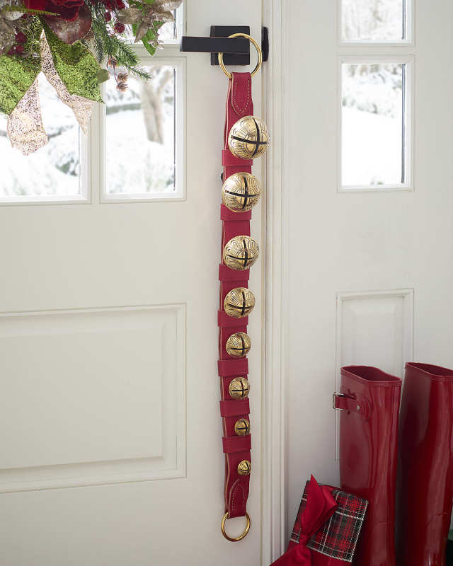 8 Brass Christmas Bells With Red Leather Strap