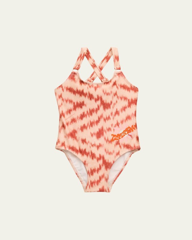Girl's Wylie Racer Back Logo-Print Swimsuit, Size 1-12