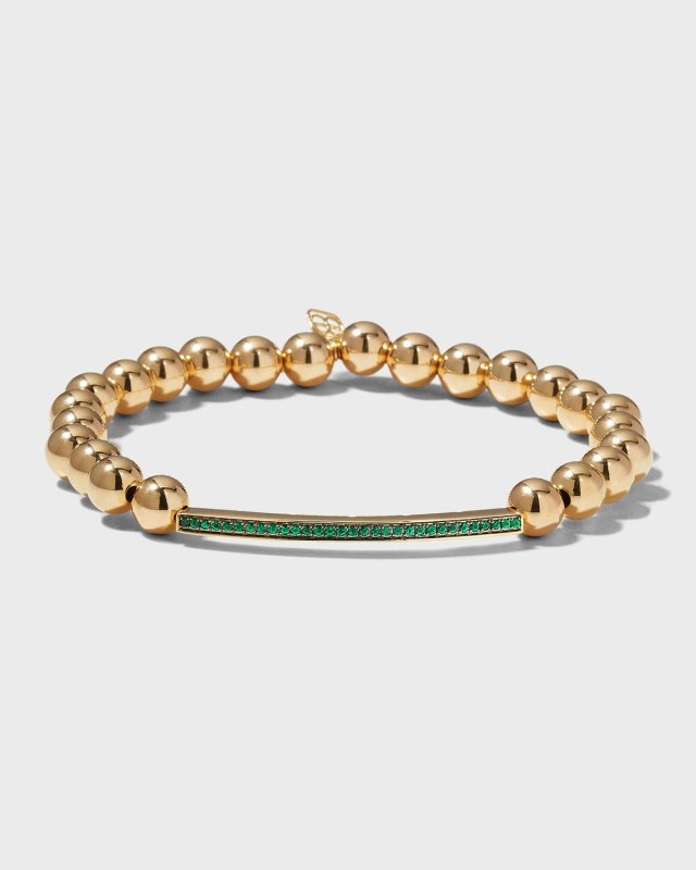 6mm Yellow Gold Bead Bracelet with Emerald Bar