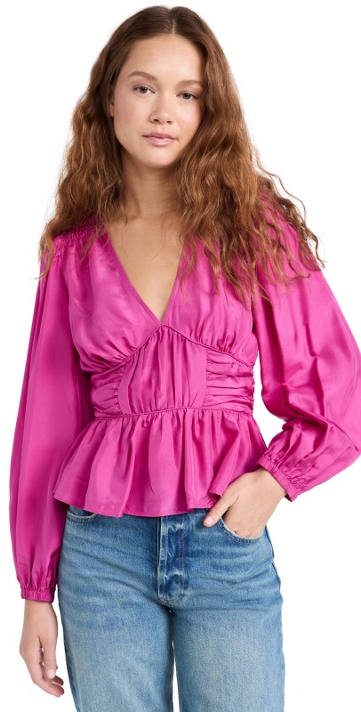 Sea Fabiola Solid Habotai V Neck Top Pink