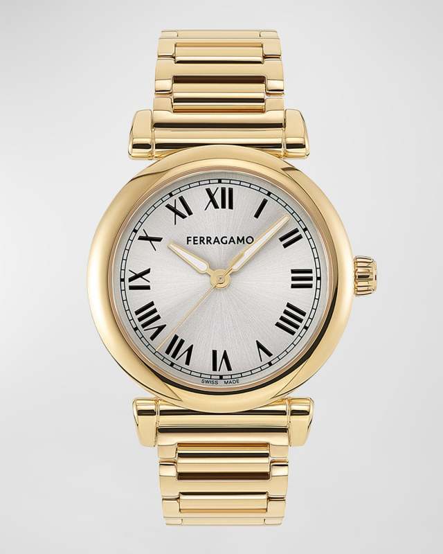 36mm Ferragamo Allure Watch with Silver Dial, Yellow Gold