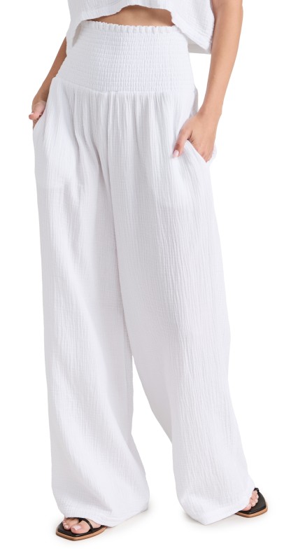 MONROW Gauze Smocked Flare Pants White