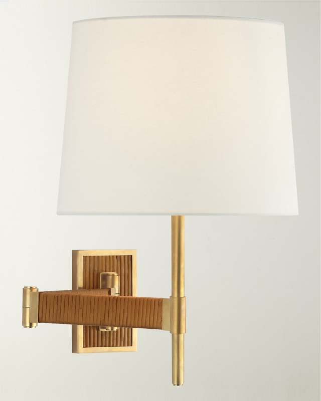 Elle Swing Arm Sconce In Hand-Rubbed Antique Brass And Dark Rattan With Linen Shade By Suzanne Kasler