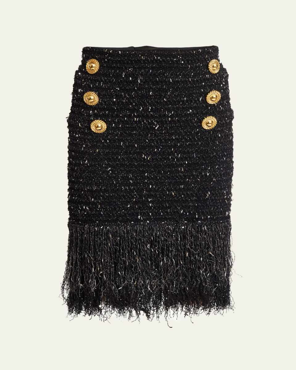 Fringed Tweed Short Skirt with 6 Buttons