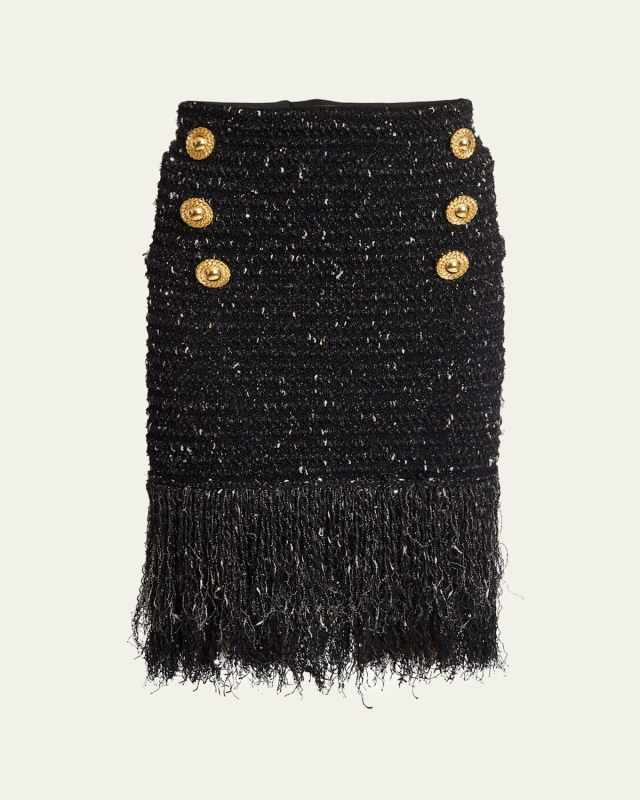Fringed Tweed Short Skirt with 6 Buttons