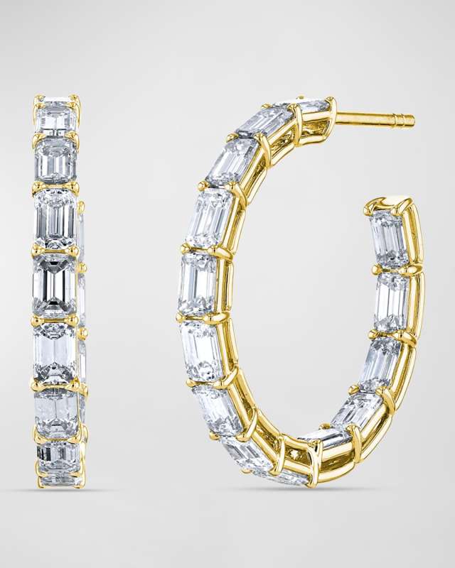 18K Gold North South Emerald Cut Diamond Hoop Earrings, 6.0tcw/1"L