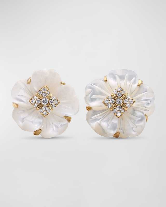 White Mother of Pearl and White Diamond Stud Earrings in 18K Gold