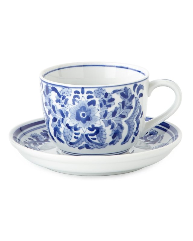 Set of 12 Assorted Blue & White 14-Ounce Cups & Saucers