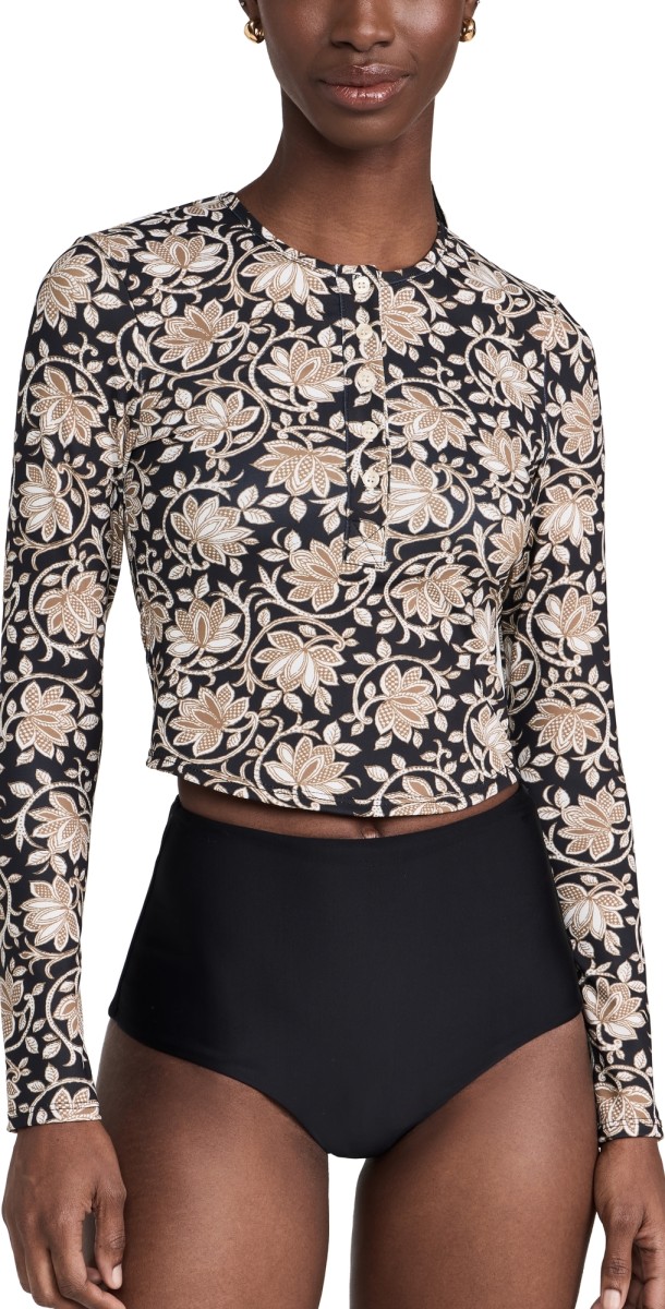 THE GREAT. The Rashguard Henley Black Oasis Floral