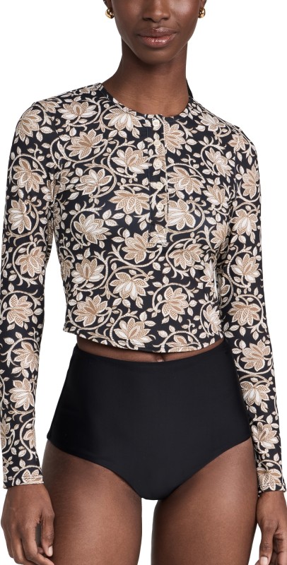 THE GREAT. The Rashguard Henley Black Oasis Floral
