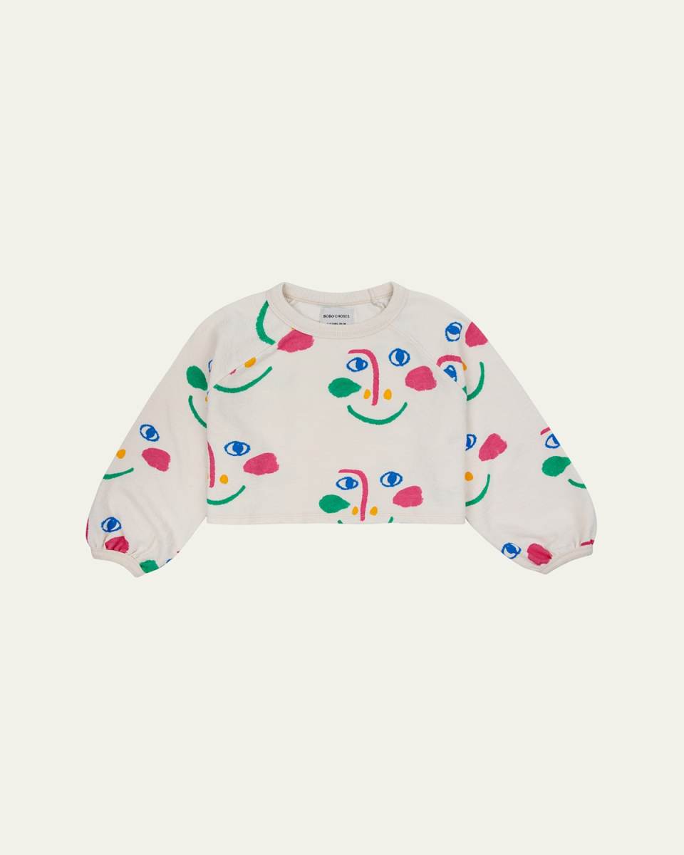 Girl's Smiling Mask Raglan-Sleeve Cropped Cotton Sweatshirt, Size 2-13