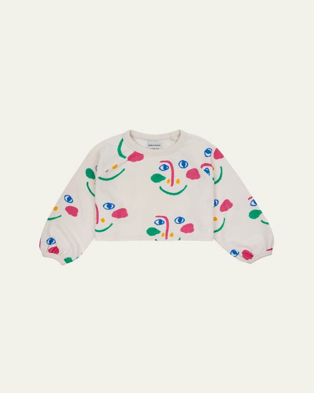 Girl's Smiling Mask Raglan-Sleeve Cropped Cotton Sweatshirt, Size 2-13