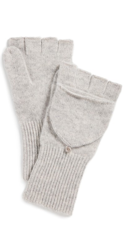 White + Warren Cashmere Ribbed Pop Top Gloves Misty Grey Heather